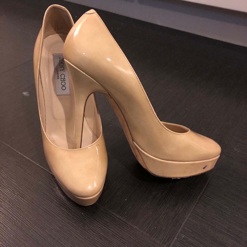 Jimmy Choo nude patent leather platform heels
